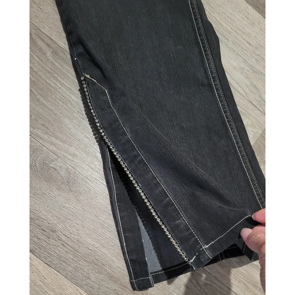 Women's Black Denim Rhinestone Accents Jeans-Size 32‎ Flare Leg Boho 70s